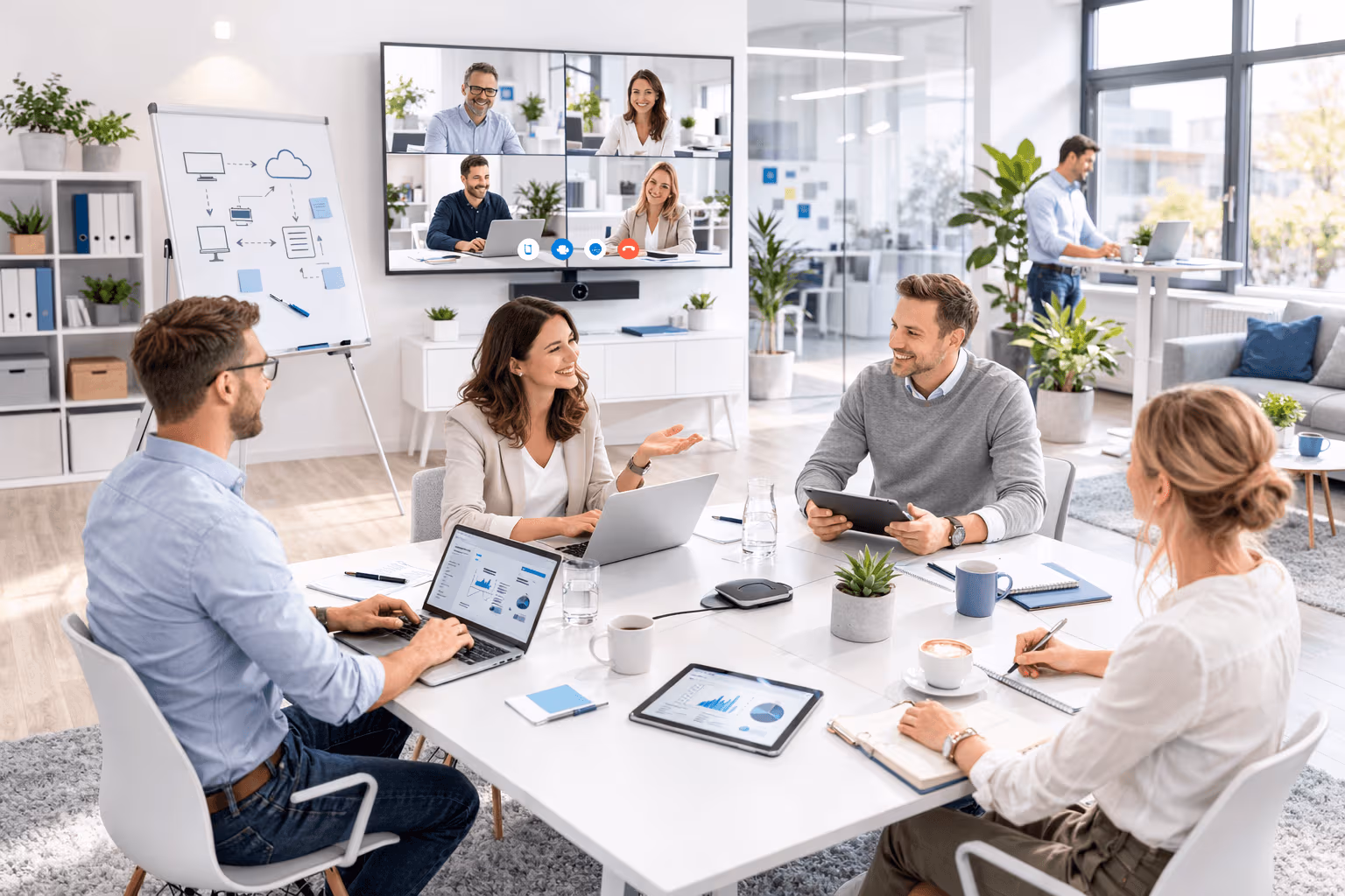 Menschen sitzen am Schreibtisch zusammen und suchen eine IT-Lösung