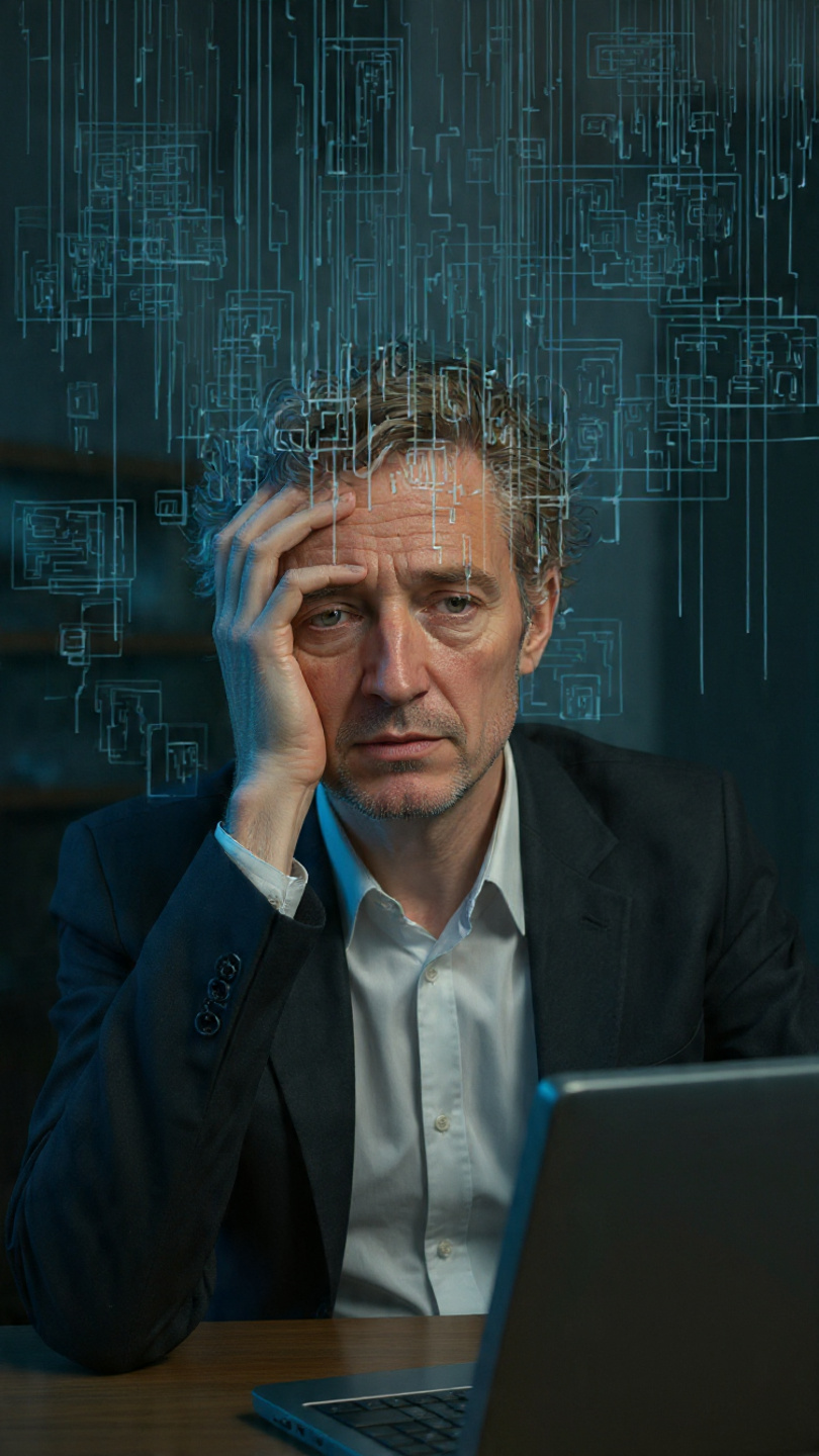 Eine Person im Business-Outfit sitzt vor einem Laptop und denkt über digitale Sicherheitsrisiken nach, umgeben von grafischen Datenströmen.